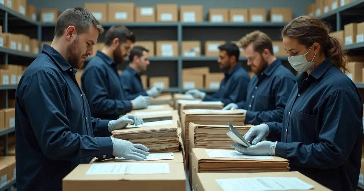 Profissionais classificando caixas e pilhas de documentos em um ambiente industrial 