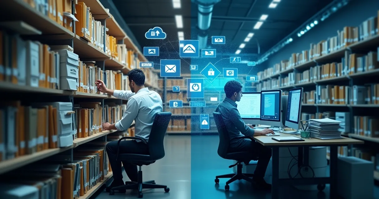 Arquivos físicos e digitais lado a lado em uma empresa 