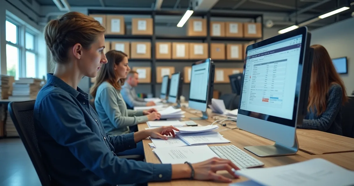 Equipe organizando documentos e digitalizando papéis em um escritório moderno 