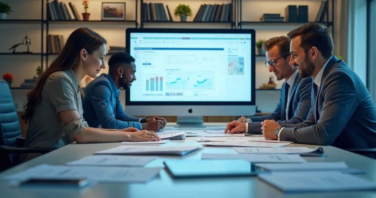 Equipe analisando documentos físicos e digitais 