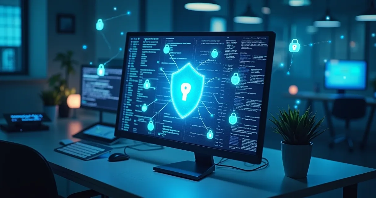 Tela de computador com escudo de segurança digital sobre pastas de documentos 
