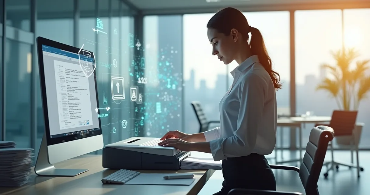 Profissional digitalizando pilhas de documentos em ambiente corporativo, scanner moderno sobre mesa ao centro 