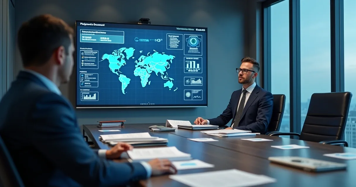 Ambiente corporativo com gestor analisando painel digital de rastreabilidade de documentos médicos 