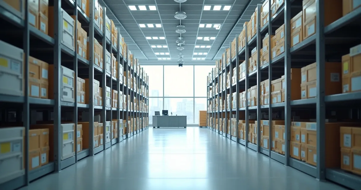 Sala de arquivos com prateleiras organizadas e documentos etiquetados, ambiente iluminado e moderno 