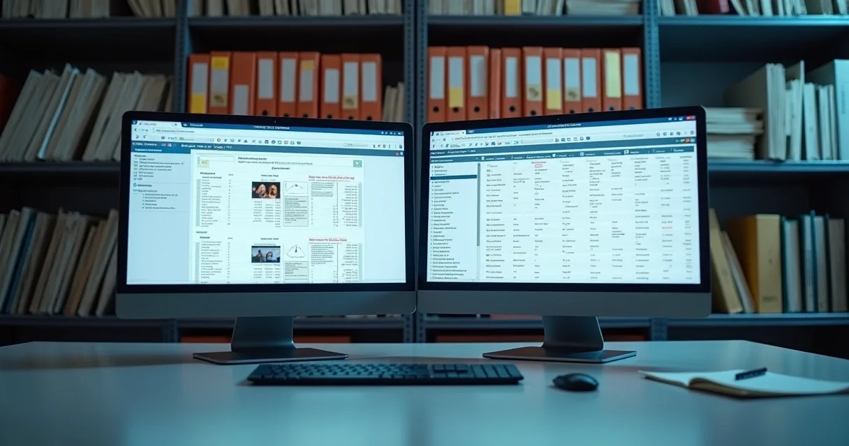 Tela de computador mostra software de gestão documental com uma digitalização, ao fundo estante com antigos arquivos físicos 
