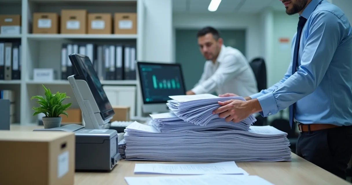 Funcionário digitalizando pilha de documentos em escritório moderno