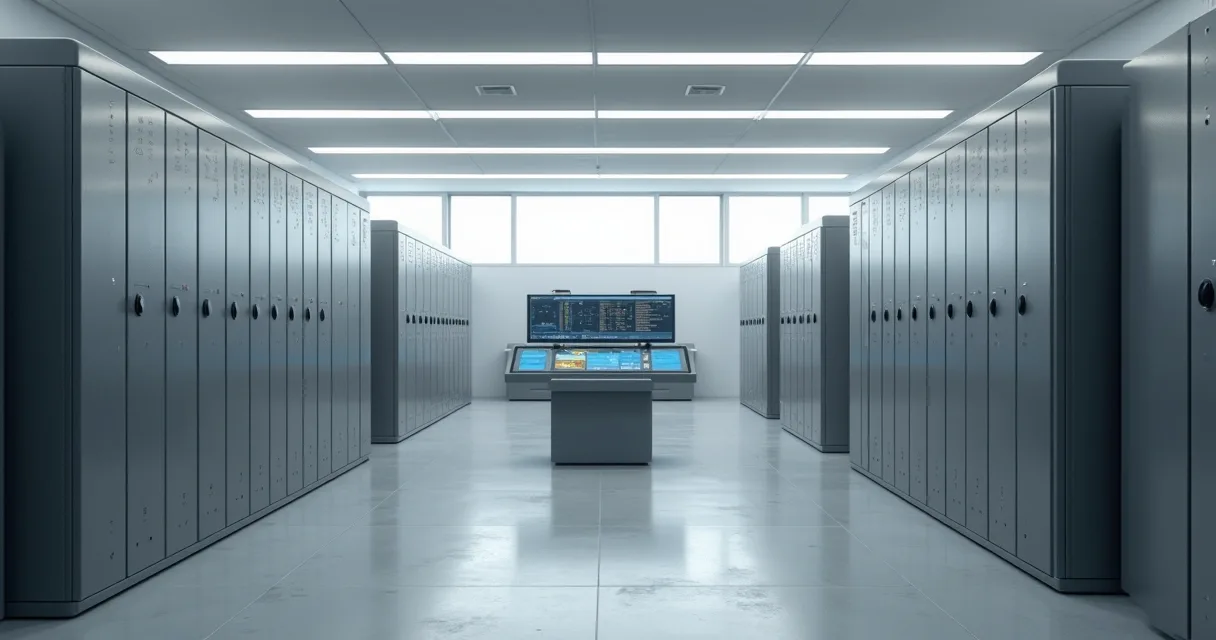 Sala de arquivo moderno com armários numerados e sistema digital de controle 