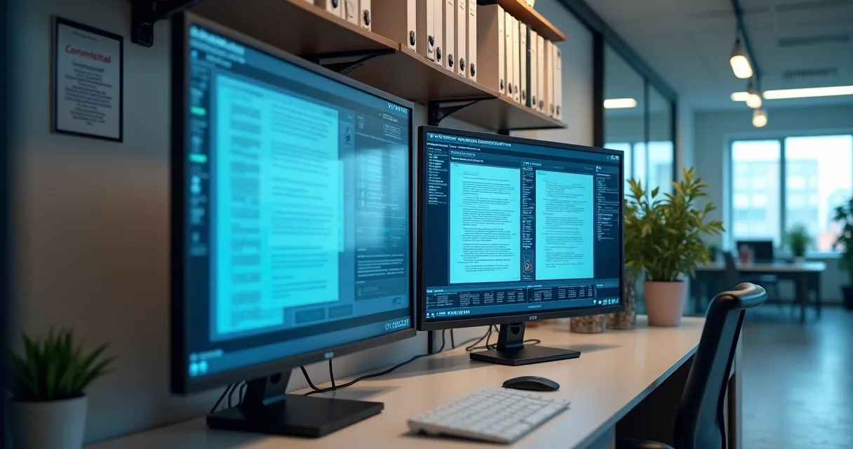 Área de trabalho de uma empresa regulada com monitores exibindo documentos digitais, prateleiras organizadas e selo de conformidade 