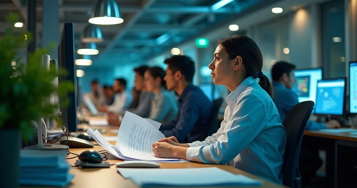 Digitalização de arquivos com equipe analisando telas e documentos 