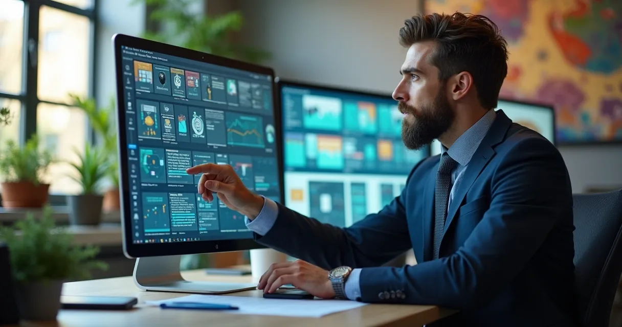 Profissional analisando documentos digitalizados em tela de computador, com gráficos de controle e segurança