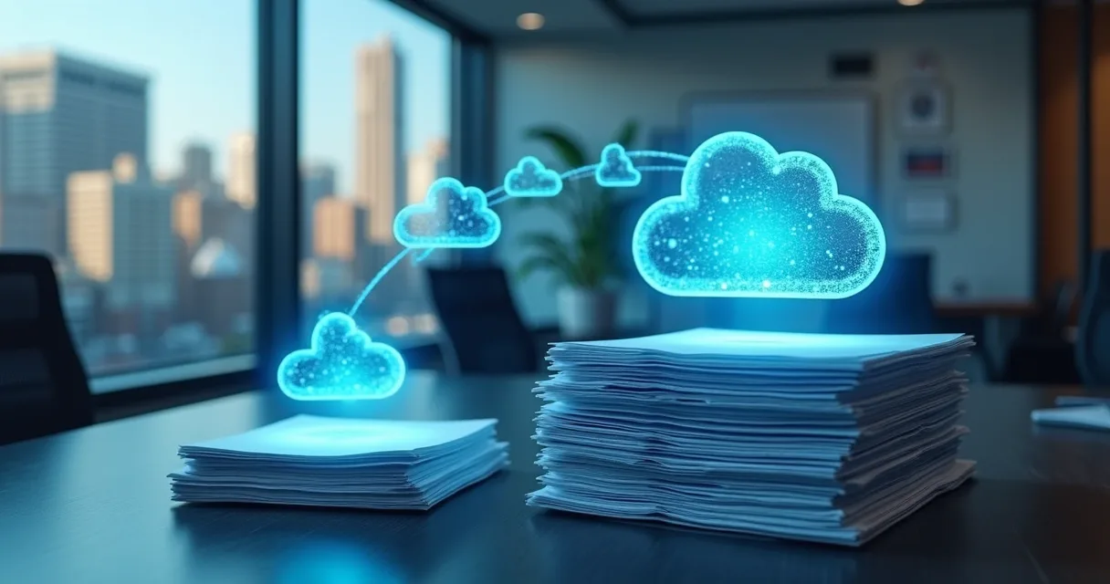 Arquivos digitalizados e icones de nuvem para armazenamento digital