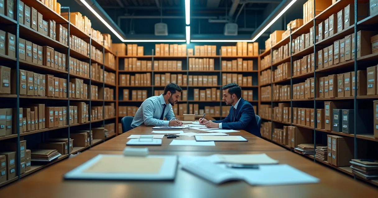 Estantes modernas em sala corporativa com caixas e pastas de arquivo bem organizadas.