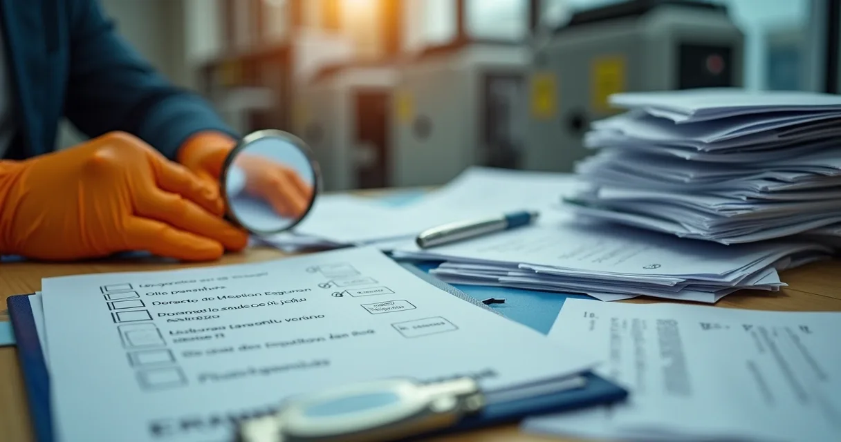 Pilha de documentos sendo revisados para descarte, com lupa e checklist