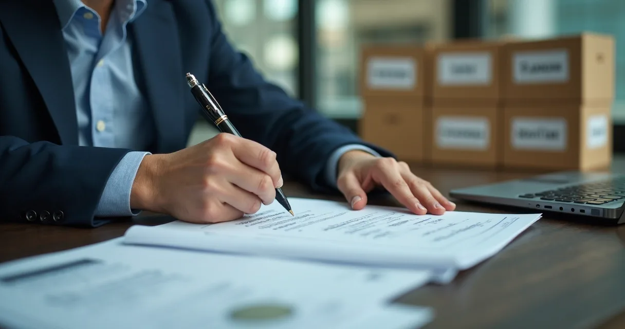 Profissional conferindo lista de eliminação de documentos com caixas organizadas ao fundo
