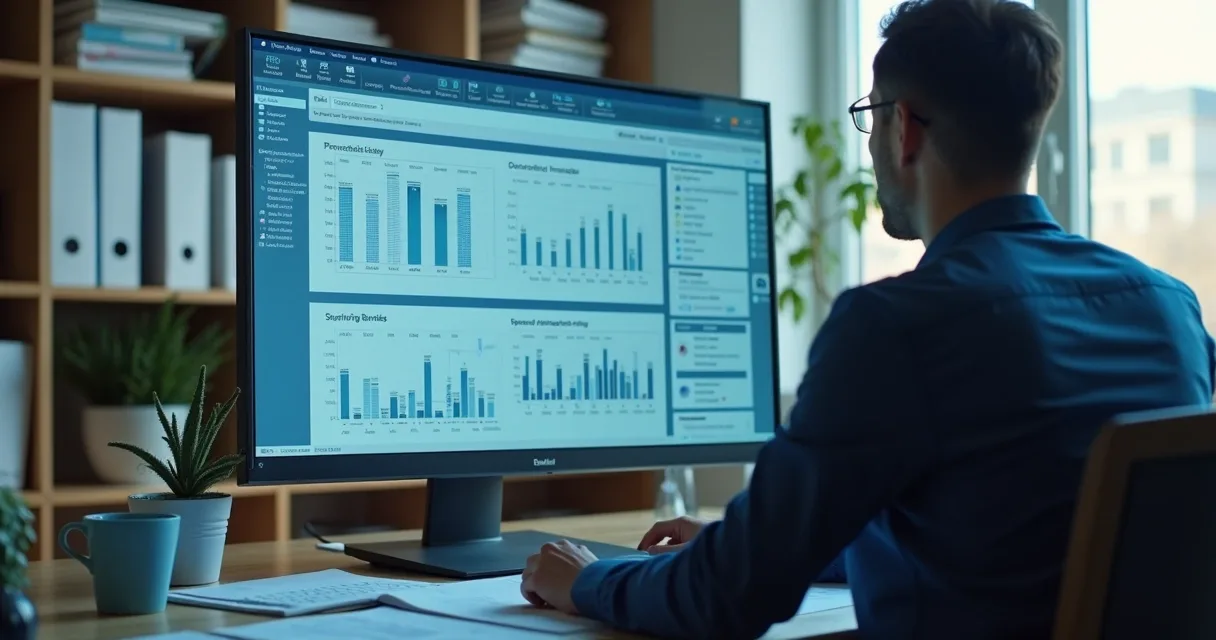 Pessoa usando computador com gráficos de gerenciamento de documentos em ambiente corporativo