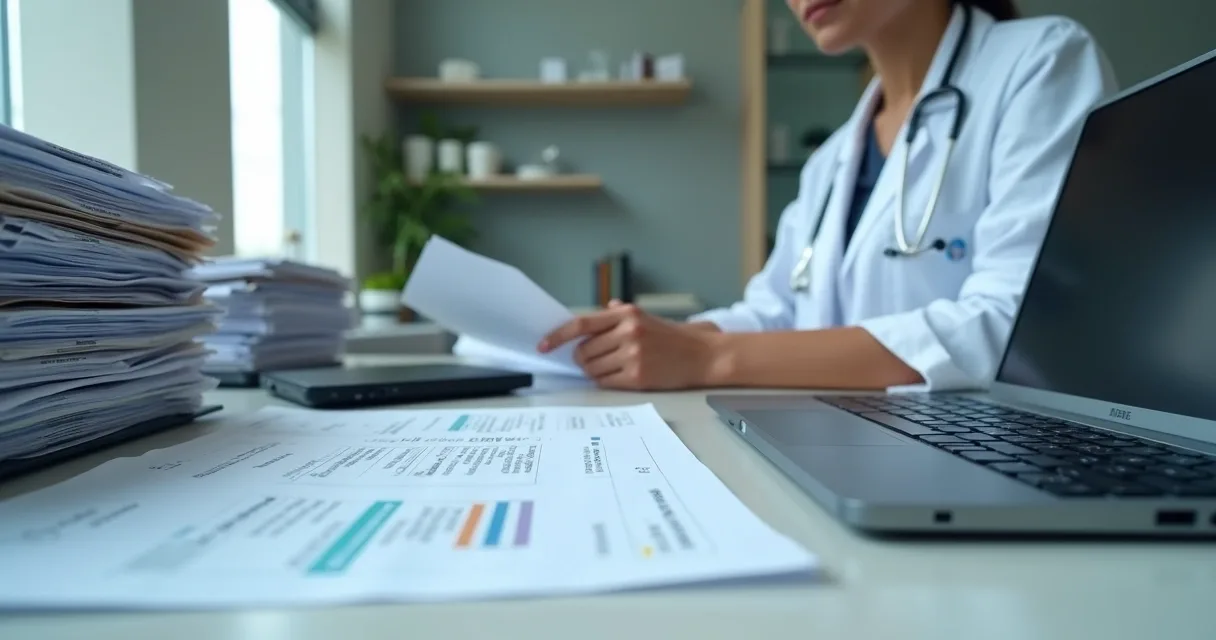 Profissional organizando prontuários médicos e arquivos digitais em clínica