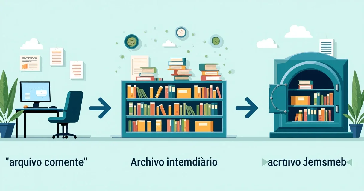 Gráfico de três níveis de arquivos: corrente, intermediário e permanente, com exemplos visuais de caixas, pastas e digitalização